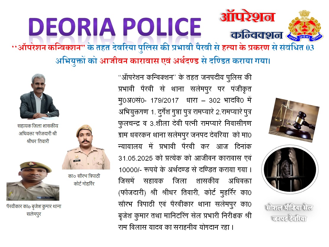 देवरिया : हत्या प्रकरण में तीन अभियुक्तों को आजीवन कारावास एवं अर्थदण्ड से दण्डित