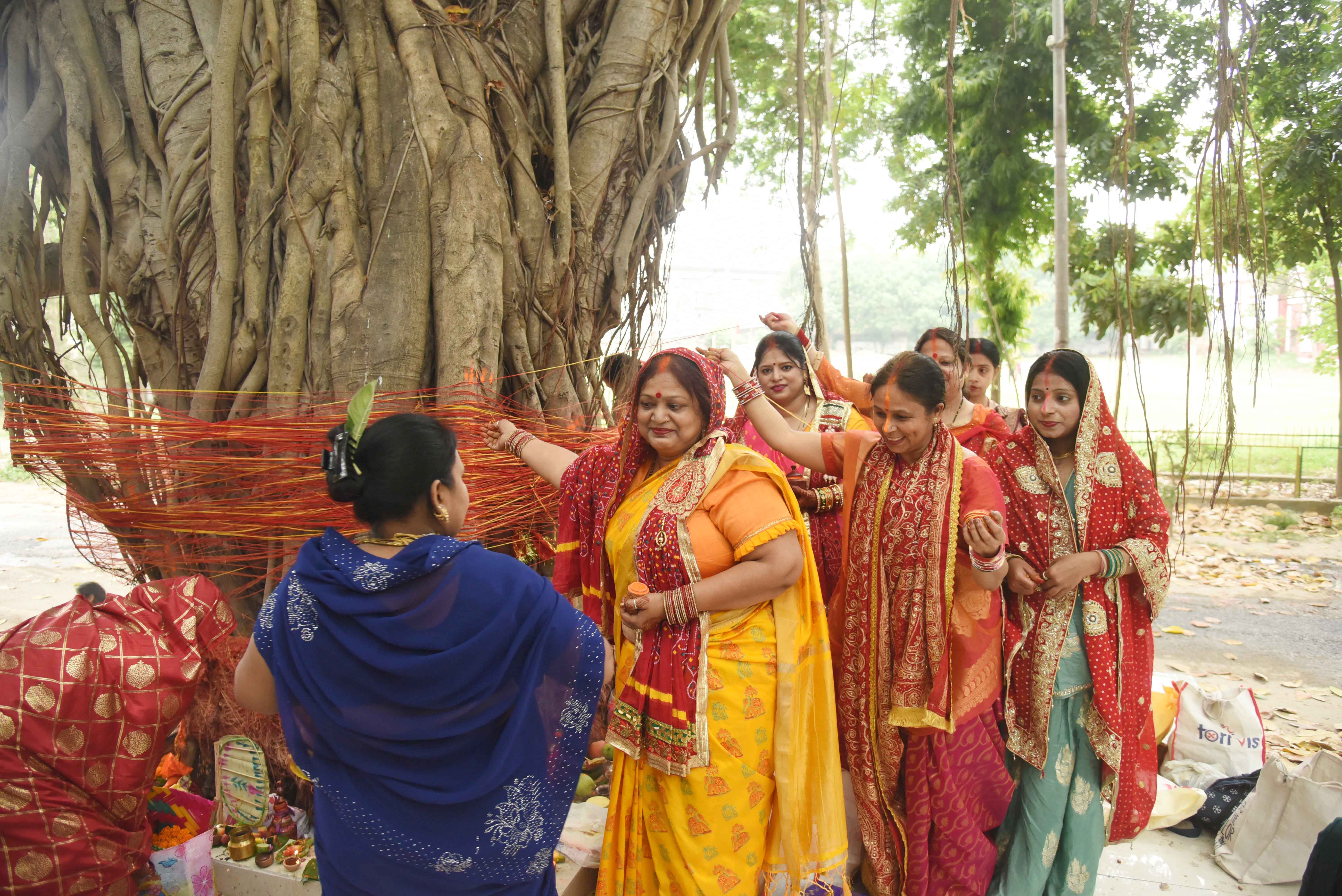 वट सावित्री पूजा के अवसर पर महिलाएं अपने वैवाहिक जीवन की खुशहाली और पति की लंबी आयु की प्रार्थना करती हुई, वट सावित्री पूजा के अवसर पर महिलाएं अपने वैवाहिक जीवन की खुशहाली और पति की लंबी आयु की प्रार्थना करती हुई,