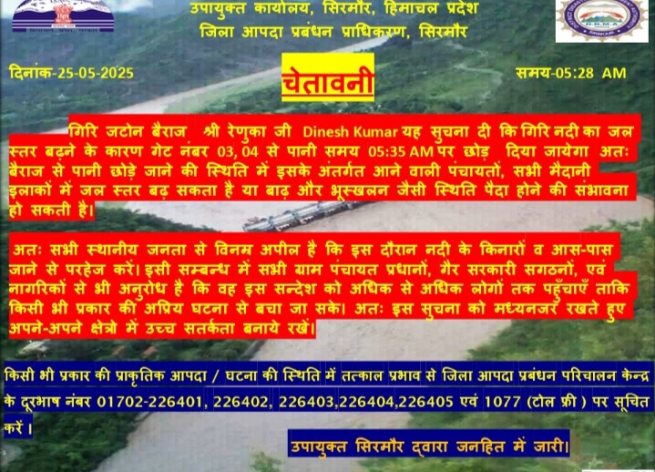 सिरमौर में भारी बारिश, गिरी नदी का बढ़ा जलस्तर