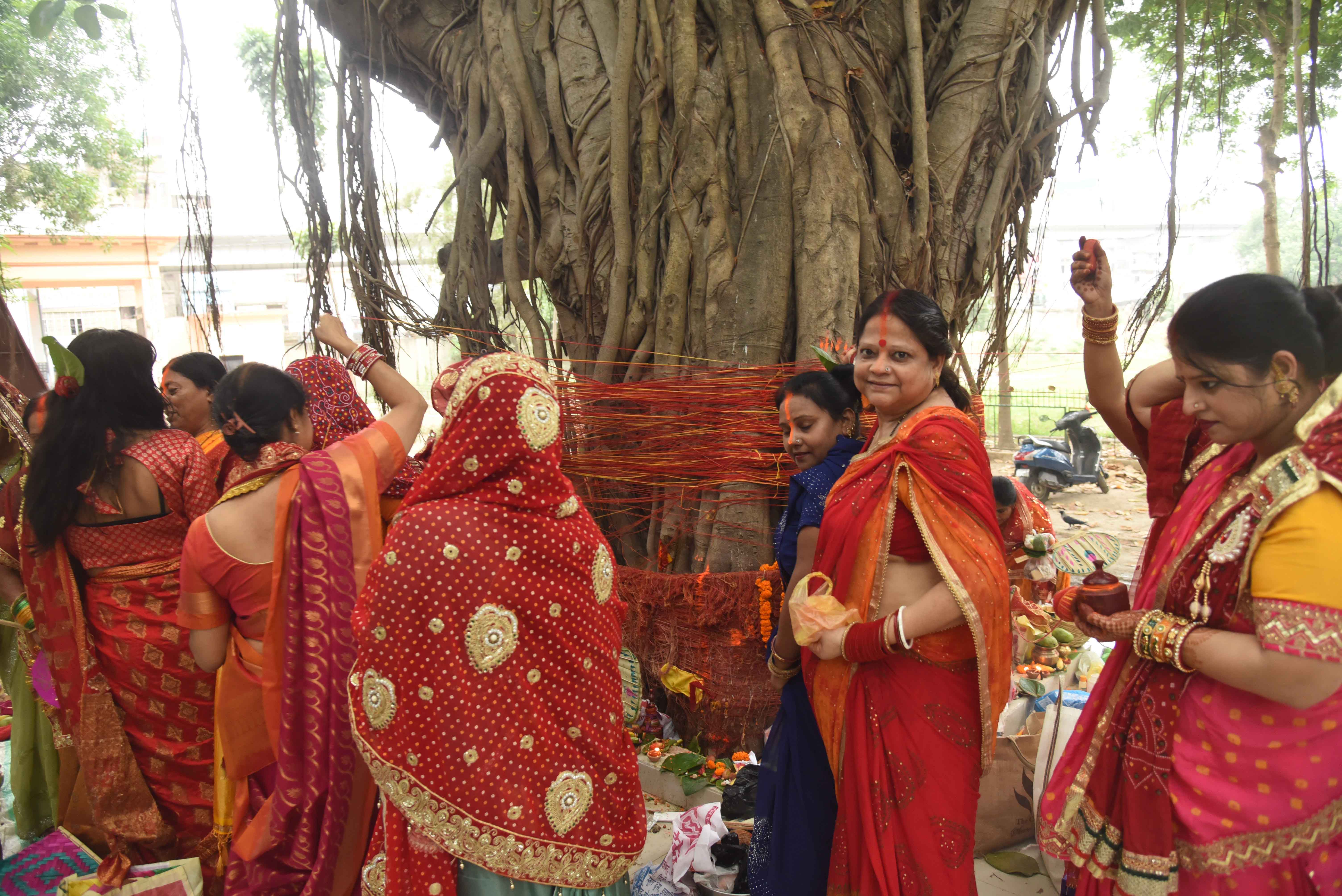 वट सावित्री पूजा के अवसर पर महिलाएं अपने वैवाहिक जीवन की खुशहाली और पति की लंबी आयु की प्रार्थना करती हुई, वट सावित्री पूजा के अवसर पर महिलाएं अपने वैवाहिक जीवन की खुशहाली और पति की लंबी आयु की प्रार्थना करती हुई,