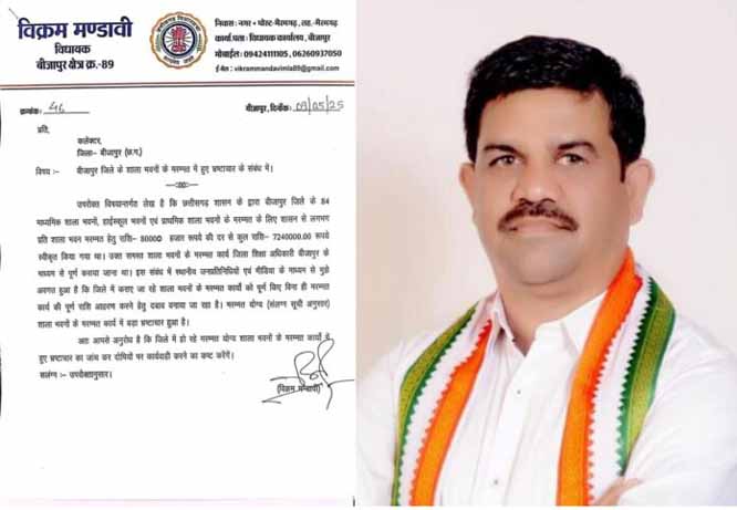 कांग्रेस विधायक ने स्कूल भवन मरम्मत कार्य में भ्रष्टाचार की जांच कराने कलेक्टर काे लिखा पत्र
