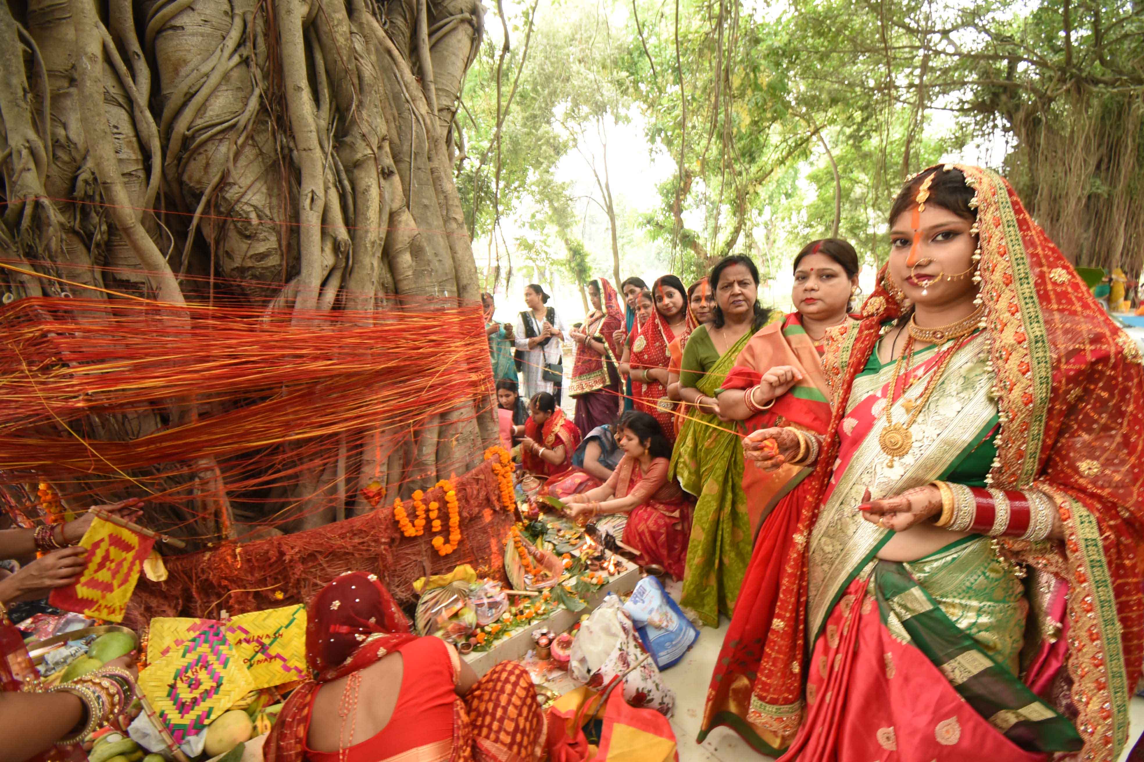 वट सावित्री पूजा के अवसर पर महिलाएं अपने वैवाहिक जीवन की खुशहाली और पति की लंबी आयु की प्रार्थना करती हुई, वट सावित्री पूजा के अवसर पर महिलाएं अपने वैवाहिक जीवन की खुशहाली और पति की लंबी आयु की प्रार्थना करती हुई,